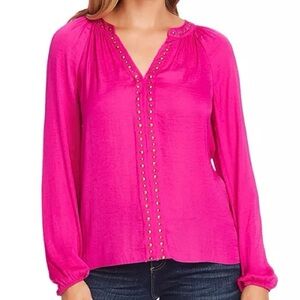 Vince Camuto Satin Studded Pink Rumpled V Neck Long Sleeve Blouse XL